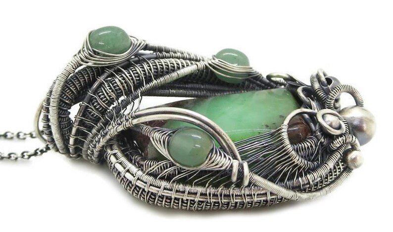 Australian Chrysoprase Wire-Wrapped Pendant in Sterling Silver with Aventurine, side