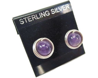 Amethyst and Sterling Silver Wire-Wrapped Post Earrings