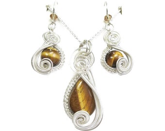 Tiger Eye Necklace & Earrings Set in Sterling Silver