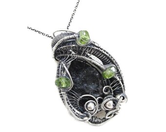 Black Tektite and Peridot Sterling Silver Wire Wrapped Pendant - Space-Inspired Gothic Jewelry