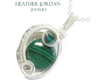 Malachite Wire-Wrapped Pendant in Sterling Silver with Swarovski Crystal, &quot;Mini-Woven Circle&quot; Model
