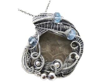 Petoskey Stone Pendant Necklace in Sterling Silver, Wire Wrapped with Blue Topaz