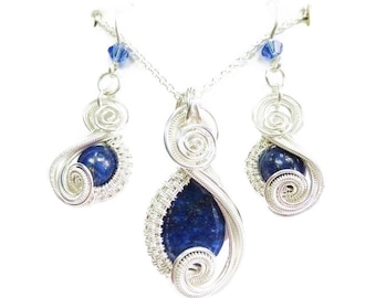 Lapis lazuli-sieradenset: draadgewikkelde ketting en oorbellen met Swarovski-kristal in sterlingzilver