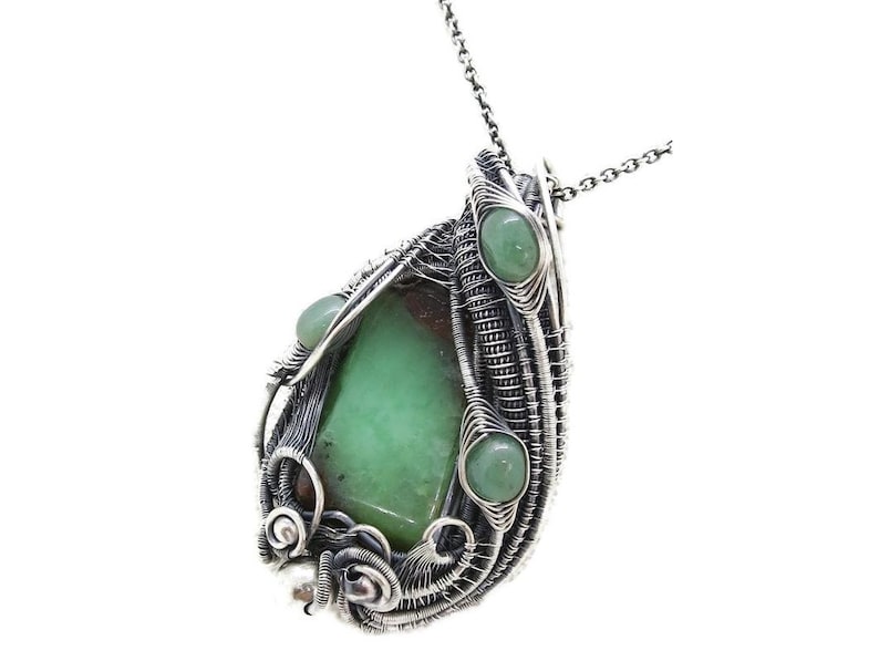 Chrysoprase Wire-Wrapped Pendant in Sterling Silver with Aventurine