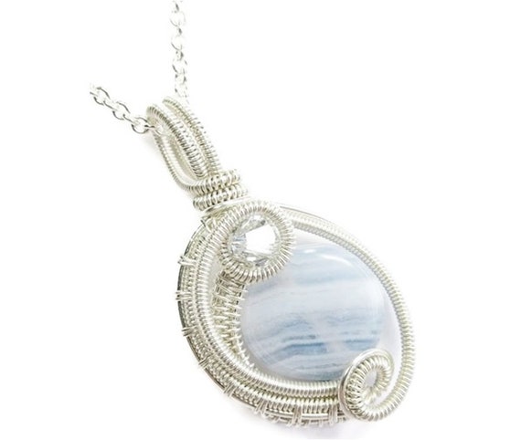 Blue Lace Agate Pendant In Sterling Silver Etsy