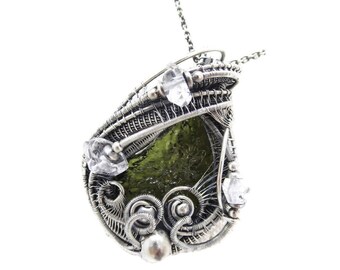 Moldavite Pendant in Sterling Silver with Herkimer Diamonds