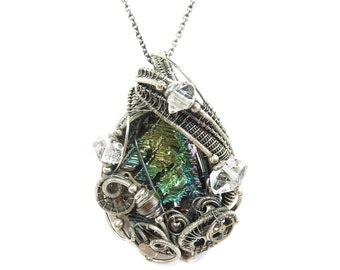 Bismuth Crystal Steampunk Pendant with Herkimer Diamonds in Sterling Silver