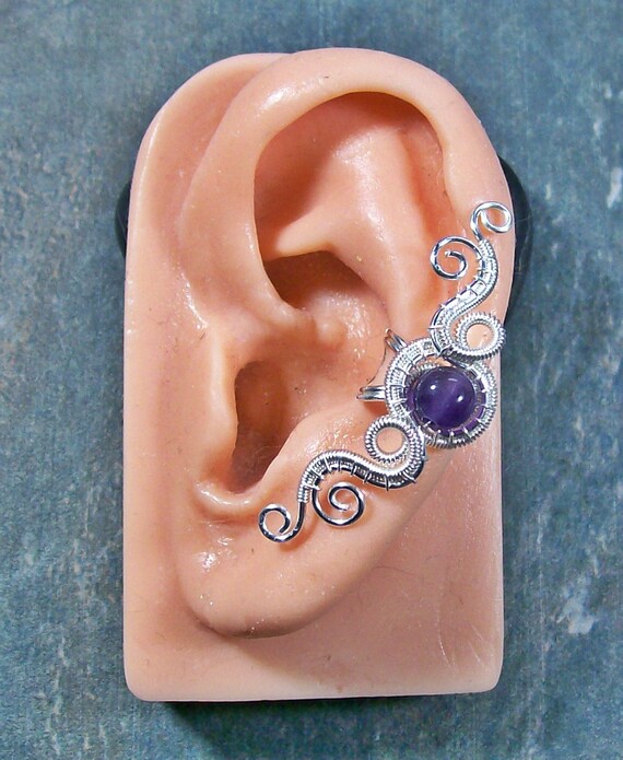 Items similar to Amethyst & Silver Woven Gemstone Ear Cuff "Hands of