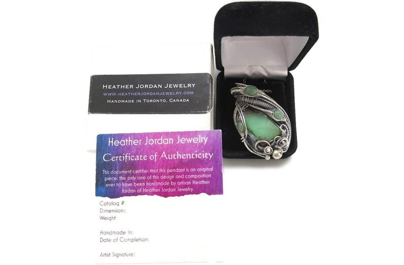 Australian Chrysoprase Wire-Wrapped Pendant in Sterling Silver with Aventurine, packaging and certificate of authenticity