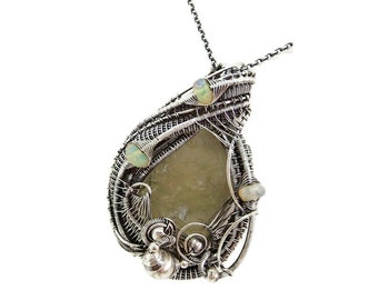 Libyan Desert Glass & Ethiopian Welo Opal Pendant, Wire-Wrapped in Sterling Silver