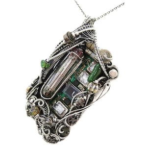 Steampunk/Cyberpunk Fusion Pendant with Upcycled Electronic and Watch Parts with Vacuum Tube, Wire Wrap