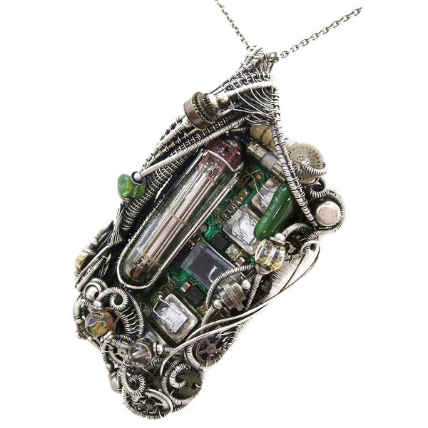 Steampunk/Cyberpunk Fusion Pendant with Upcycled Electronic and Watch Parts with Vacuum Tube