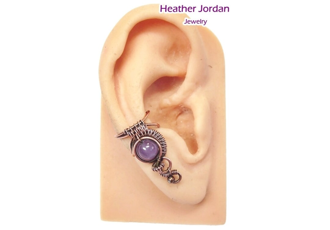 Amethyst and Copper Woven Wire Ear Cuff woven Bezel Nonpierced Earring