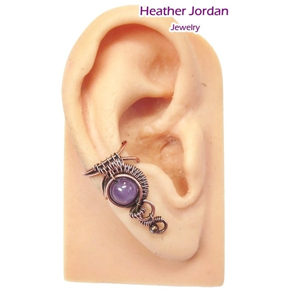 Amethyst and Copper Woven Wire Ear Cuff; "Woven Bezel" Non-pierced Earring