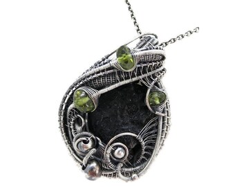 Black Tektite Pendant with Peridot, Sterling Silver Wire Wrap