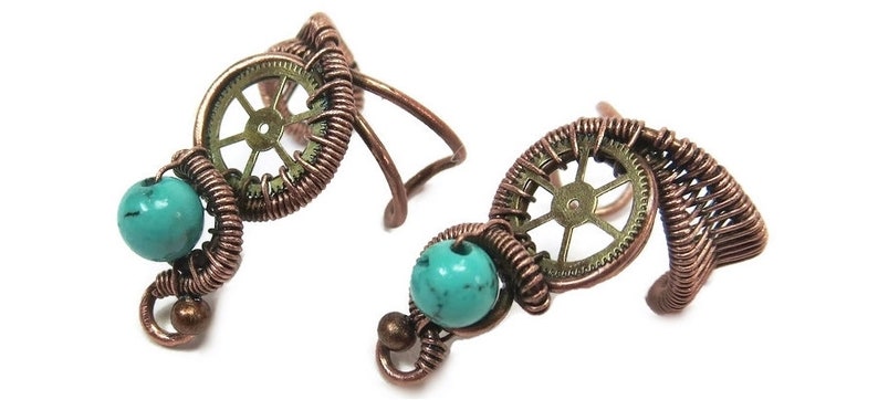 Turquoise and Bronze Steampunk Ear Cuff; Non-pierced Earring