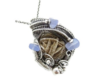 Desert Rose Pendant, Wire-Wrapped in Sterling Silver with Holley Blue Agate