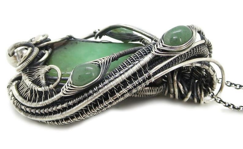 Australian Chrysoprase Wire-Wrapped Pendant in Sterling Silver with Aventurine, side view