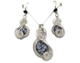 Snowflake Obsidian Necklace & Earrings Set