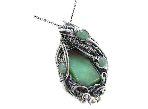 Australian Chrysoprase Pendant: Sterling Silver Wire-Wrapped Aventurine Necklace - Natural Green Gemstone