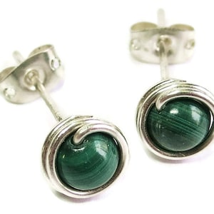 Malachite and Sterling Silver Wire-Wrapped Post Earrings