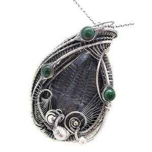 Trilobite Fossil Pendant with Emerald, Asaphiscus wheeleri Wire Wrap in Sterling Silver