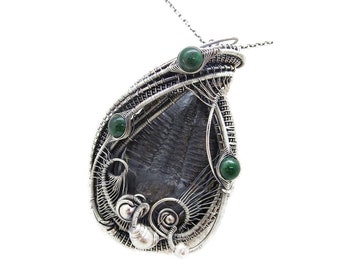 Trilobite Fossil Pendant with Emerald, Asaphiscus wheeleri Wire Wrap in Sterling Silver