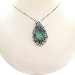 Australian Chrysoprase Wire-Wrapped Pendant in Sterling Silver with Aventurine on bust