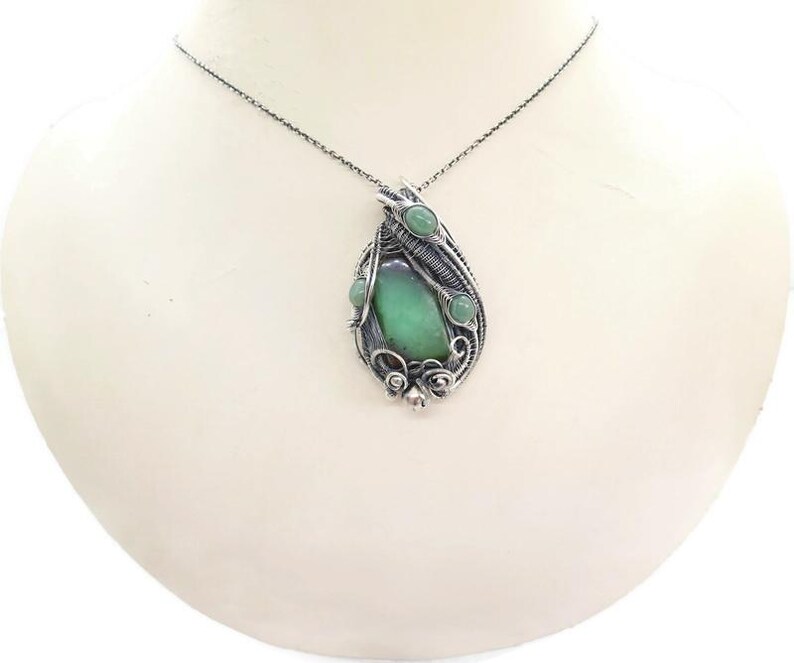 Australian Chrysoprase Wire-Wrapped Pendant in Sterling Silver with Aventurine on bust