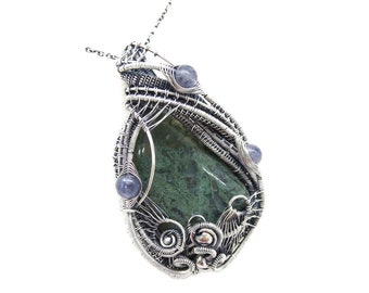 Moss Agate Pendant in Sterling Silver with Iolite