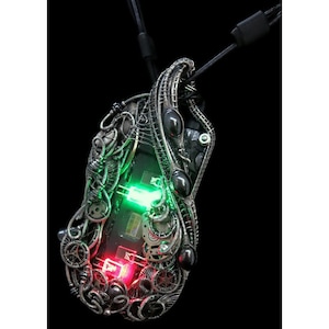 Iridescent Chip Steampunk/Cyberpunk Fusion Necklace with Upcycled Watch Parts, Wire-Wrap