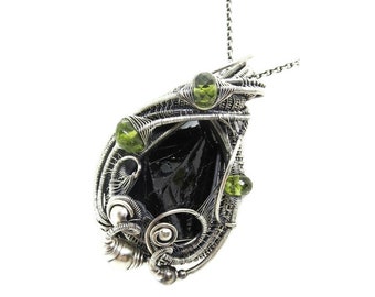 Black Tourmaline Pendant with Peridot, Wire-Wrapped in Sterling Silver