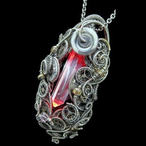 Light Resin Gem Necklace with Upcycled Electronic and Watch Parts, Steampunk/Cyberpunk Fusion, Wire Wrap