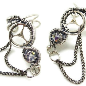 Pair of Sterling Silver Steampunk Ear Cuffs with Chain and Crystal