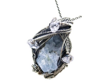 Celestite Druzy and Herkimer Diamond Pendant, Wire-Wrapped in Sterling Silver
