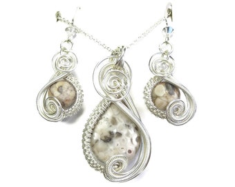 Crinoid Fossil Necklace & Earrings Set in Sterling Silver