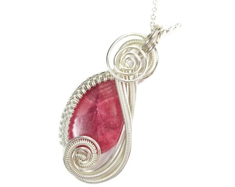 Rhodochrosite and Sterling Silver Wire-Wrapped Pendant