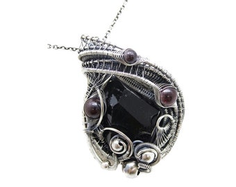 Black Tourmaline Pendant Necklace with Garnet, Wire-Wrapped in Sterling Silver