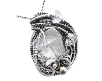 Quartz Pendant with Herkimer Diamonds, Wire-Wrapped in Sterling Silver