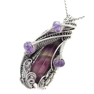 Rainbow Fluorite Pendant in Sterling Silver with Amethyst, Wire Wrap