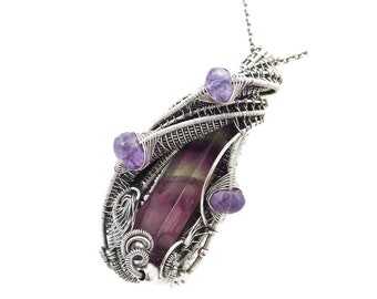 Rainbow Fluorite Pendant in Sterling Silver with Amethyst