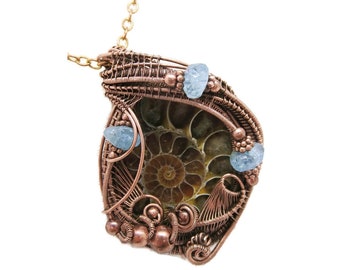 Ammonite Fossil Pendant with Aquamarine, Bronze Wire Wrap