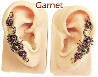 Bronze Steampunk Ear Cuff with Customizable Gemstone - Handcrafted Victorian-Inspired Jewelry