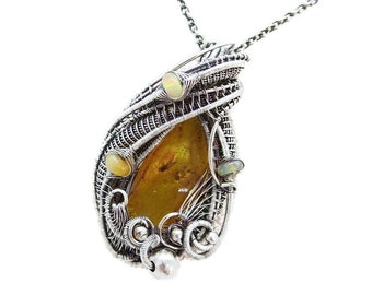 Baltic Amber Pendant with Gnat and Ethiopian Opals, Wire-Wrapped in Sterling Silver