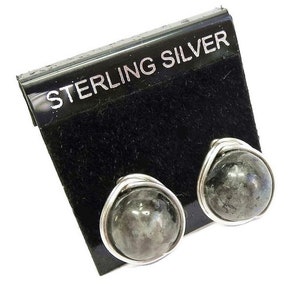 Larvikite and Sterling Silver Herringbone-Topped Wire-Wrapped Post Earrings image 1