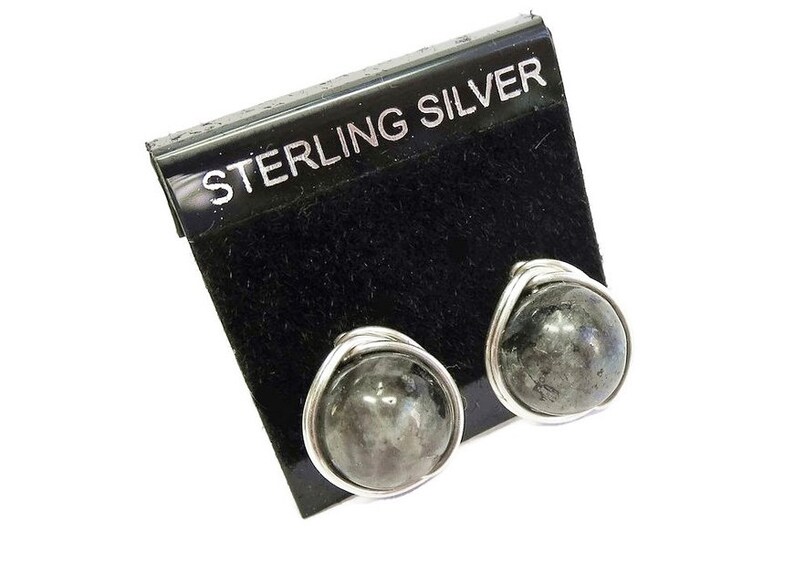 Larvikite and Sterling Silver Herringbone-Topped Wire-Wrapped Post Earrings image 1