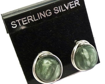 Seraphinite and Sterling Silver Herringbone-Topped Wire-Wrapped Post Earrings