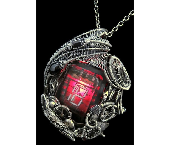 Nixie Number Tube Pendant with Upcycled Electronic and Watch Parts, Steampunk/Cyberpunk Fusion, Rainbow Light