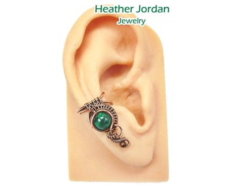 Malachite and Copper Woven Wire Ear Cuff; "Woven Bezel" Non-pierced Earring