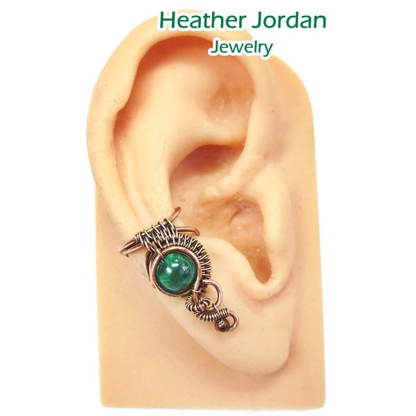 Malachite and Copper Woven Wire Ear Cuff; "Woven Bezel" Non-pierced Earring
